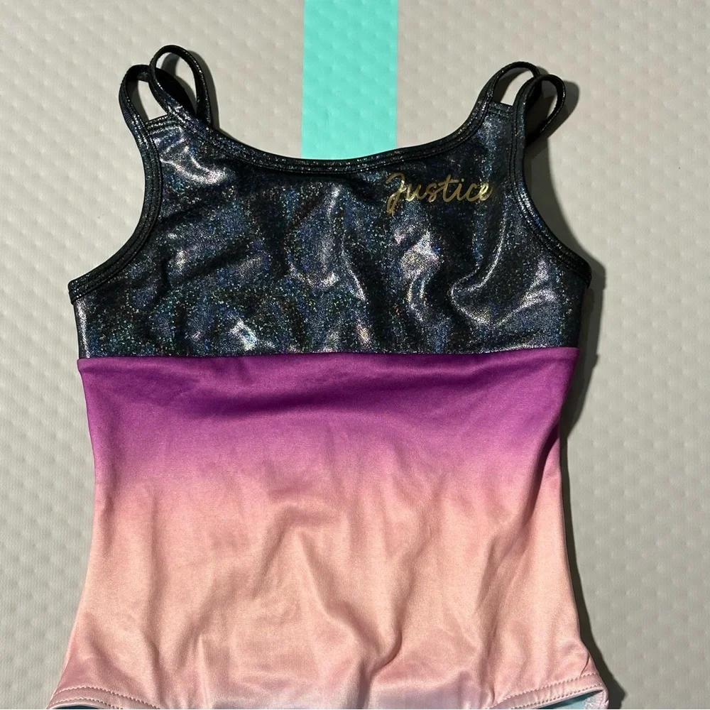 Justice Girls Ombre Gymnastics Leotard‎ Purple Blue Shimmer Strappy Back XS 5/6